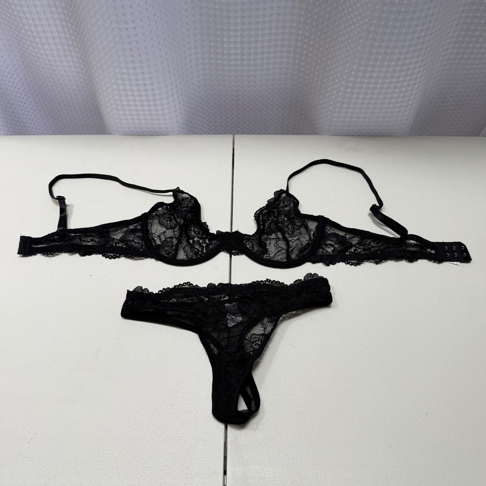Black Floral Lace Underwire Bra & Thong Lingerie Set Small